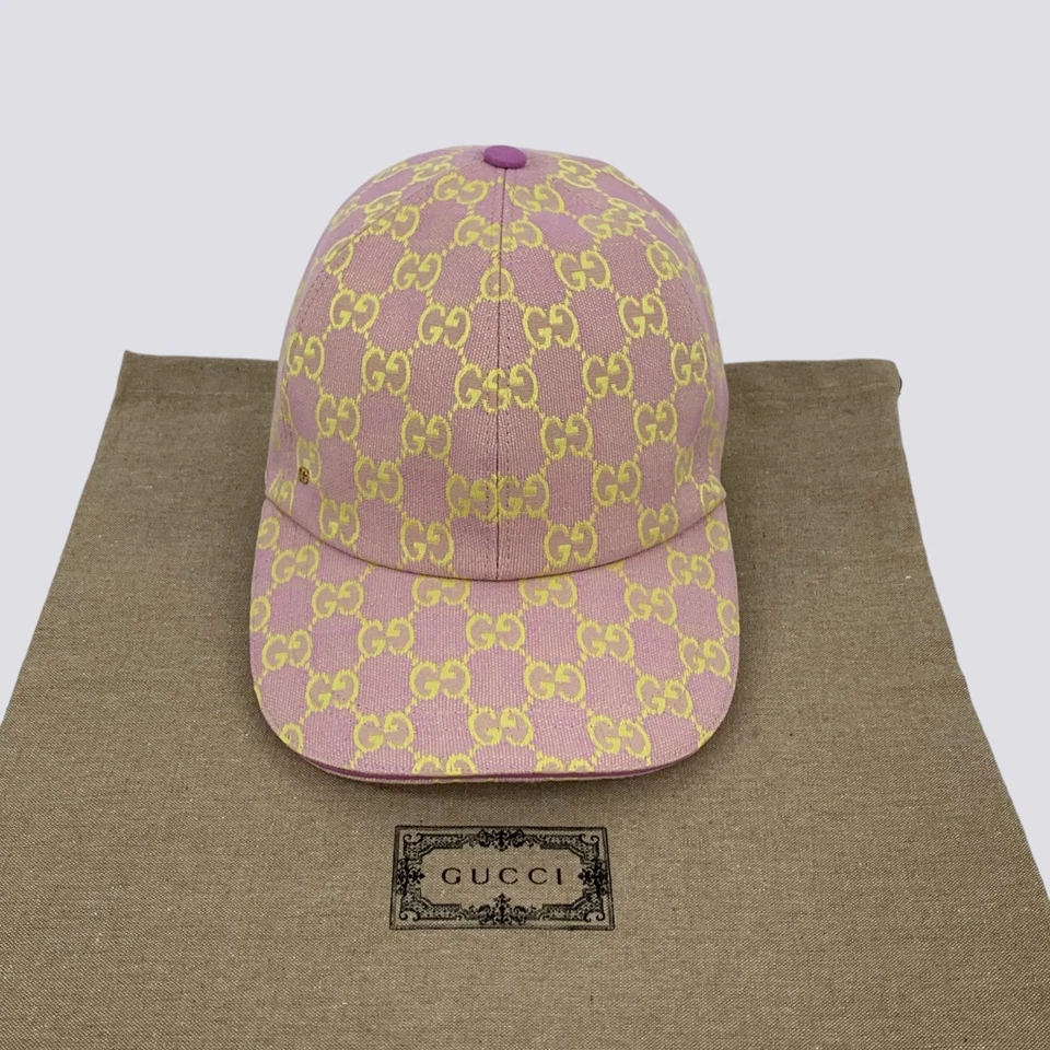 Boné de beisebol Gucci GG monograma lona algodão cabeça chapéu lilás e amarelo tamanho M - Imagem 3 de 4