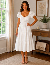 Ophelia Roe White Scoop Neck Puff Short Sleeve Tiered Ruffle Midi Dress M