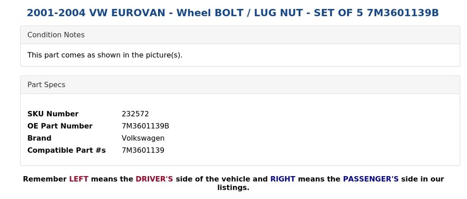 2001-2004 VW EUROVAN - колесо болт / зажимная гайка - набор из 5 7M3601139B - Изображение 3 из 4