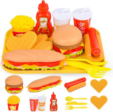 Pretend Play Fast Food Set,Play Food for Kids with Take Apart Burger and Hot Dog