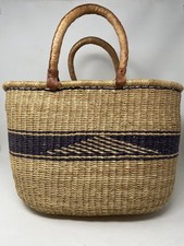 Large Vintage 17&rdquo; Woven African Bolga Ghana Market Basket Leather Handle