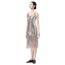 Enchanta Lesla Dance Dress. Long Womens Jazz Dresses with Medium, Silver