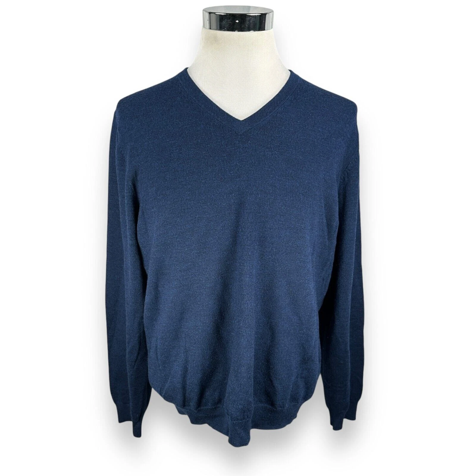Brooks Brothers Sweater Men’s Large Blue Merino Wool V-Neck Long Sleeve Stretch