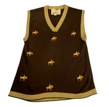 Bandini Womens Sweater Sz S Brown Equestrian Horse Embroidered V-Neck Sleeveless