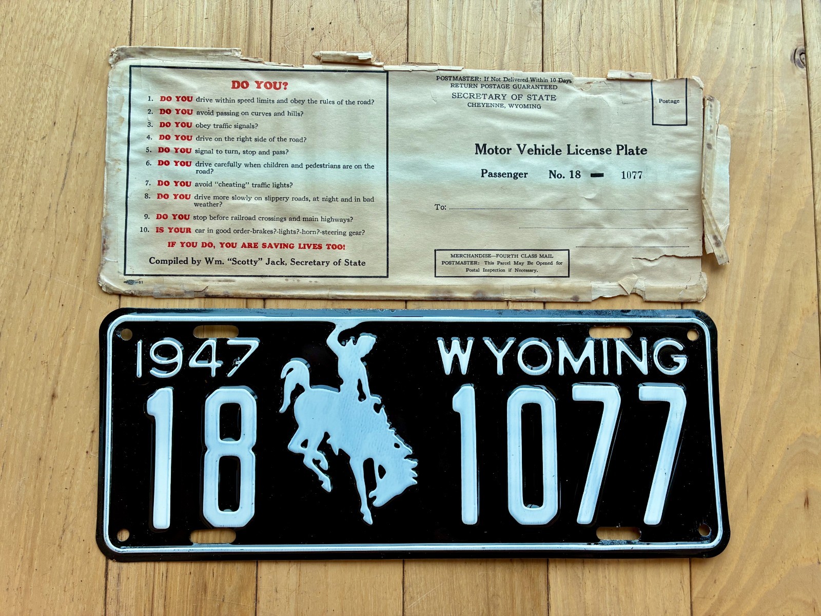 1947 Wyoming License Plate W/ Original Wrapper