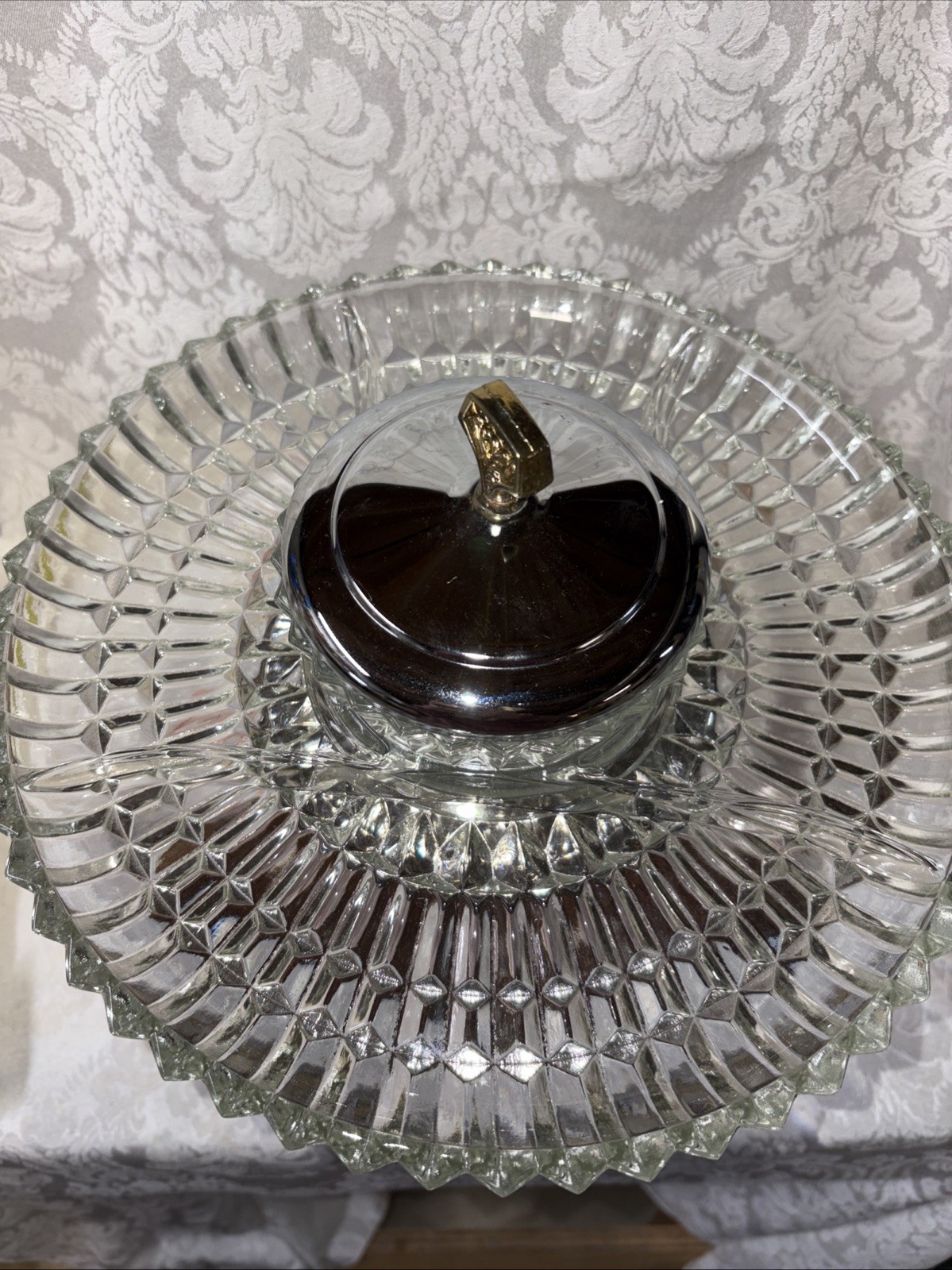Lazy Suzan Vintage 5 Pieces Crystal Mid Century MCM Serving Tray w/ Original Box