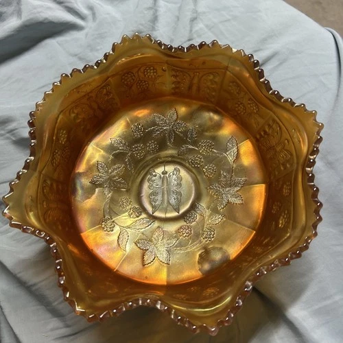 1930’s Butterfly And Berry Vintage Fenton Marigold Carnival Glass Footed Bowl 9”