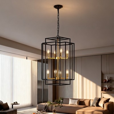 31'' Pendant Light Black+Gold Chandelier 8 Lights Farmhouse Tiered Fixtures