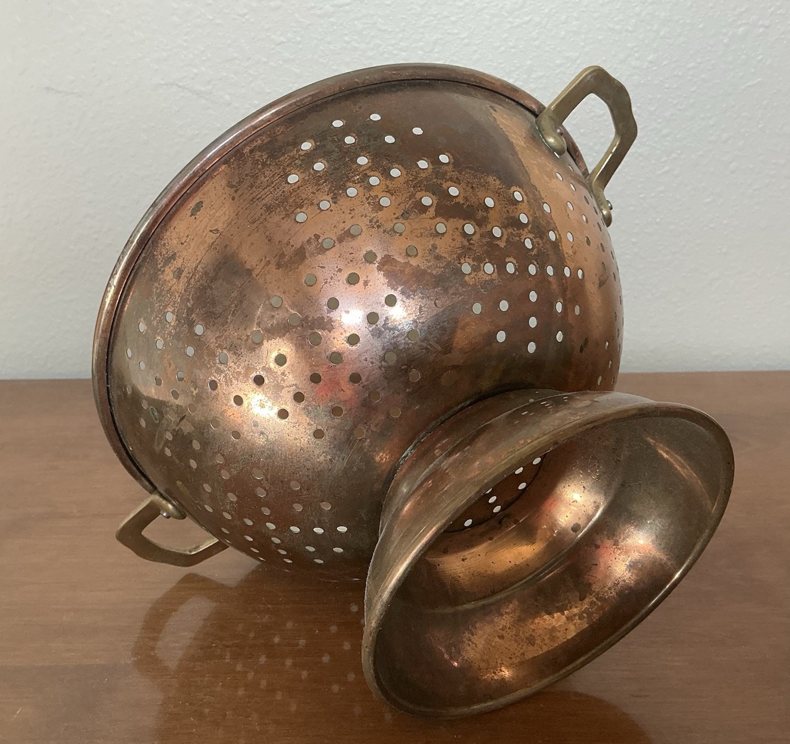 Vintage Copper Strainer Colander w Brass Handles & Pedestal Base 9 inch