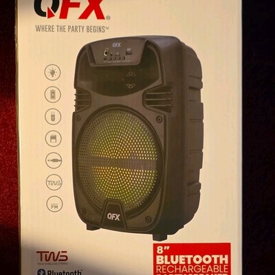 QFX MPX-803 8'' Bluetooth Speaker, LED Party Lights, USB, TF, Mic, FM, 3600W