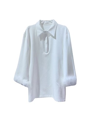 Spring Women Elegant Solid Color Shirt Dress Lapel Feather Cuff LongSleeve Skirt