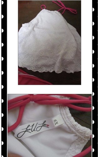 Love U Lots 2 pc white/PINK bright FLOWER Crochet swimsuit Tankini Halter 6 6X - Picture 3 of 4
