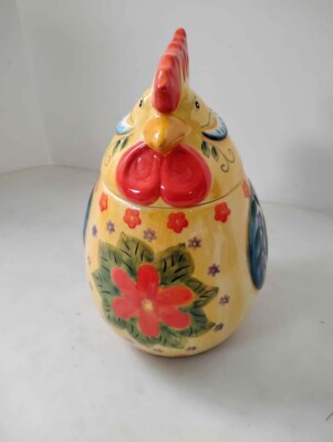 Dario Farrucci Golden Yellow Rooster Cookie Jar Floral Pattern