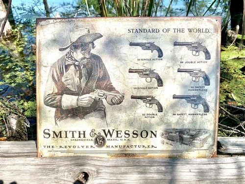 S&W Revolver Manufacturer Vintage Metal Tin Sign Wall Decor Garage Man Cave Shop