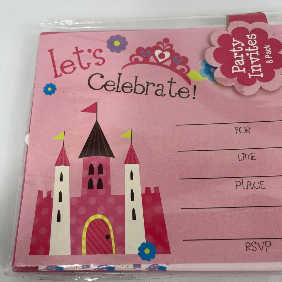 Convites de festa de aniversário princesa 16 cartões conjunto envelopes castelo rosa em branco - Imagem 3 de 4