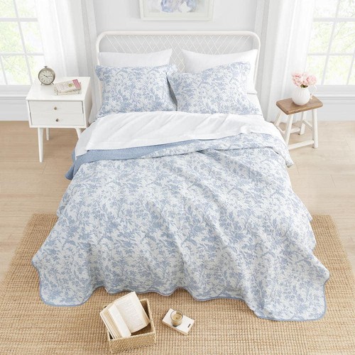 Laura Ashley Quilt Set 90" x 90" Full/Queen Soft Cotton Polyester Blue 3-Piece - Picture 11 of 11
