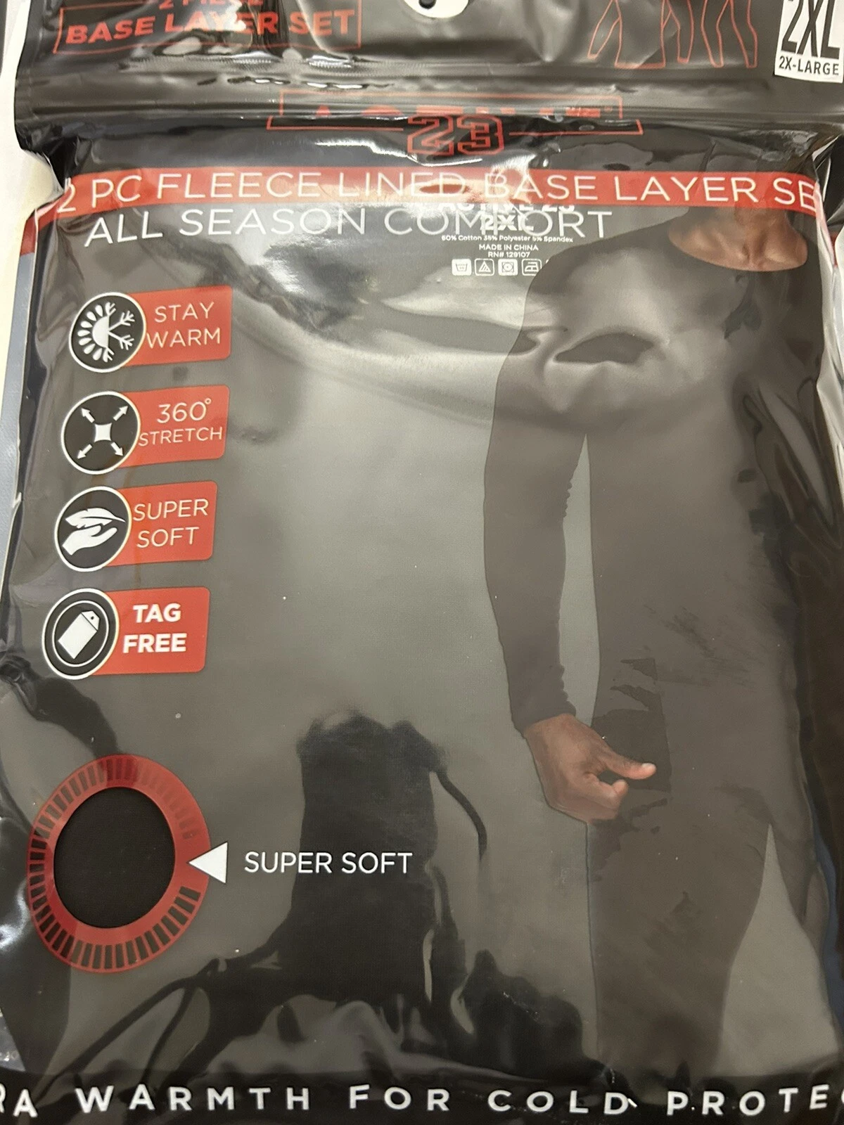 Active 23 Men's Fleece Lined Base Layer Top Bottom Set 2XL Black New MSRP$ 68