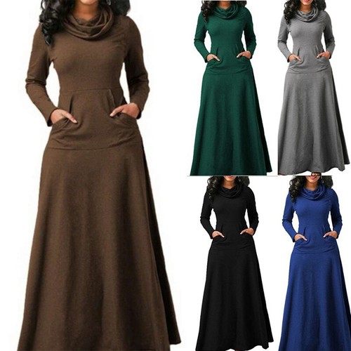 Womens Casual Pocket Maxi Dress Ladies Long Sleeve High Neck Pullover Dresses -