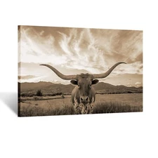 KREATIVE ARTS Sepia Texas Animal Canvas Wall Art Highland Cattle with Long Ho...
