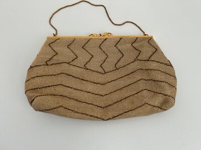 Walborg Vintage Beaded Evening Bag Gold Bronze Chevron Geometric Clutch Purse