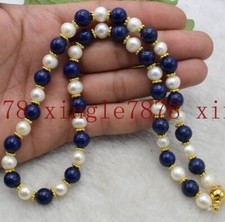 Beautiful 7-8mm White Cultured Pearl  Blue Lapis Lazuli Necklace 20''