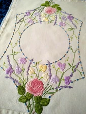 'Fairistytch' Rose/SweetPea/Lavender Hand Embroidered Traymat/centrepiece