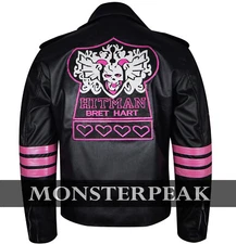 WWE Wrestler Bret Hart Hitman Black Leather Jacket, Skull Embroidery 