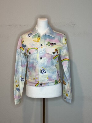 Teddy Fresh Care Bear Denim Jean Crop Jacket Rainbows Sz XS