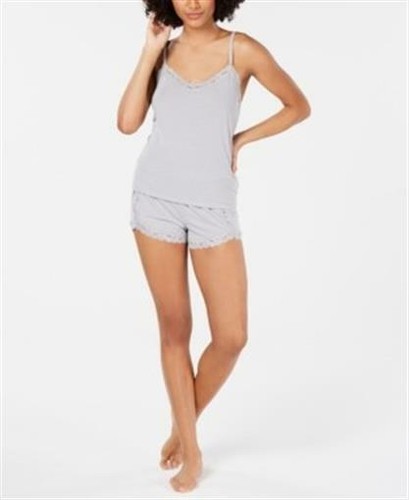 INC Womens Lace Trim Sparkle Pajama Set Cami and Shorts Grey Sparkle Small