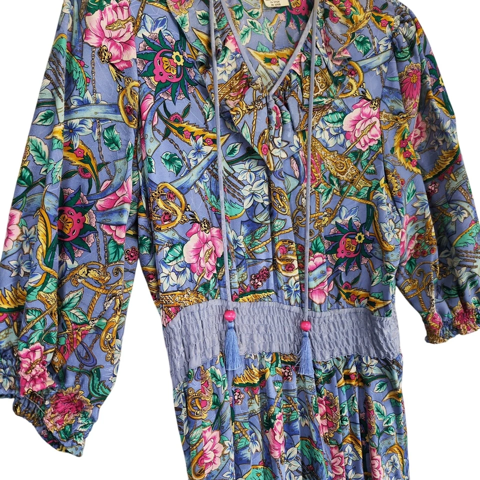 Vestido De Colección Años 80 Diane Freis 100% Seda Estampado Floral Cuello Volantes Manga Abullonada M Foto 4 de 4