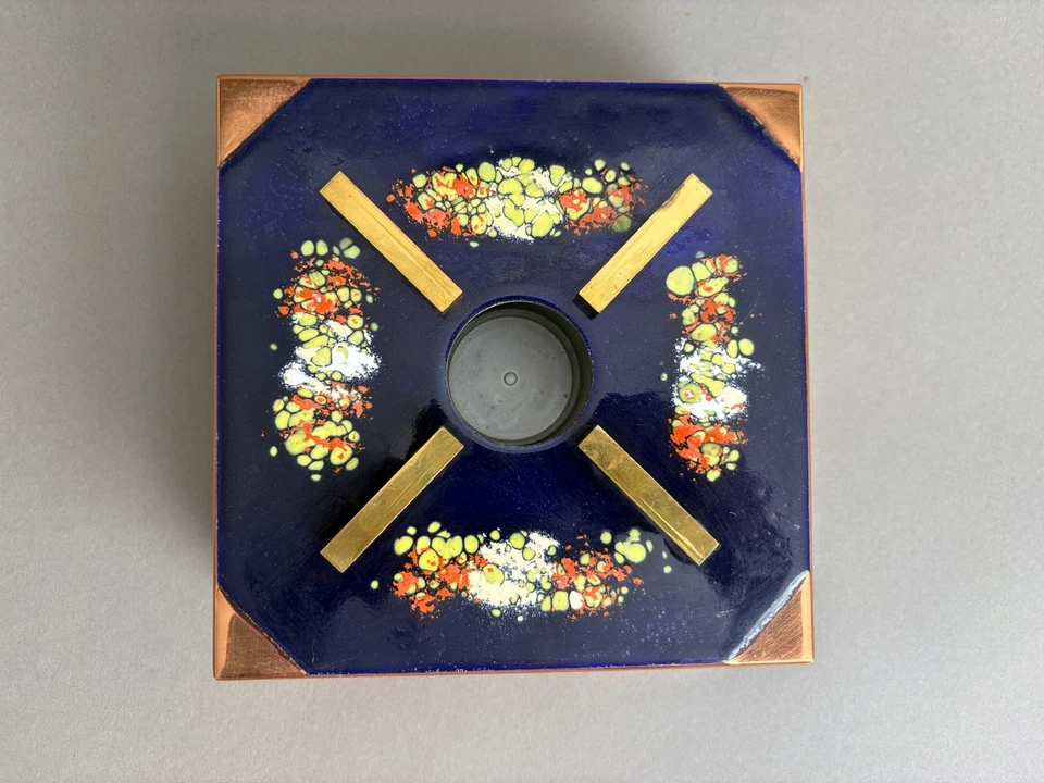 Vintage Stövchen Rechaud Emaille Kupfer Messing 60er Blau Gold Mid Century TOP - Bild 2 von 4