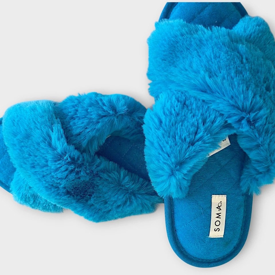 Женские тапочки Soma размер 6-7 бирюзовый синий искусственный мех крест слайд прошел - Изображение 2 из 4