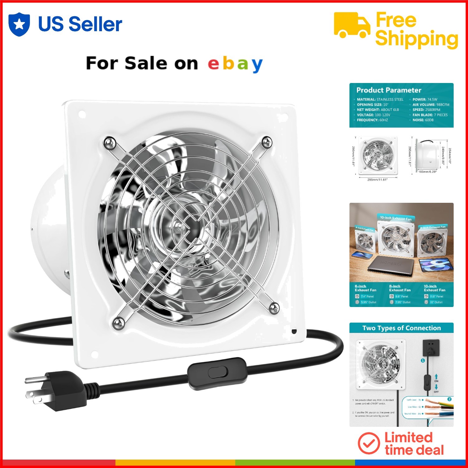10 Inch Metal Wall Mount Exhaust Fan 988 CFM Kitchen Ventilation