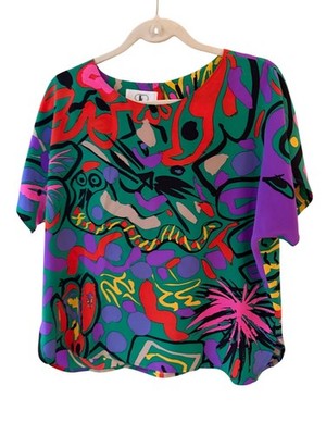 Flora Kung Blouse Vintage Abstract Print Short Sleeve Size 10 Multicolor Silk