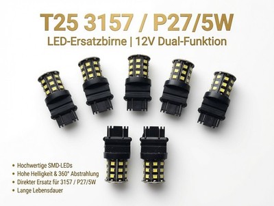  T25 3157 P27/5W LED Ersatzbirne 12V Dual-Funktion SMD-LED 360° Abstrahlung 