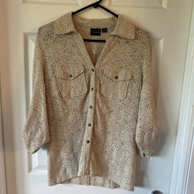 Tribal Blouse Women s Size Small 3/4 Roll Tab Sleeve V Neck Button Down Floral 