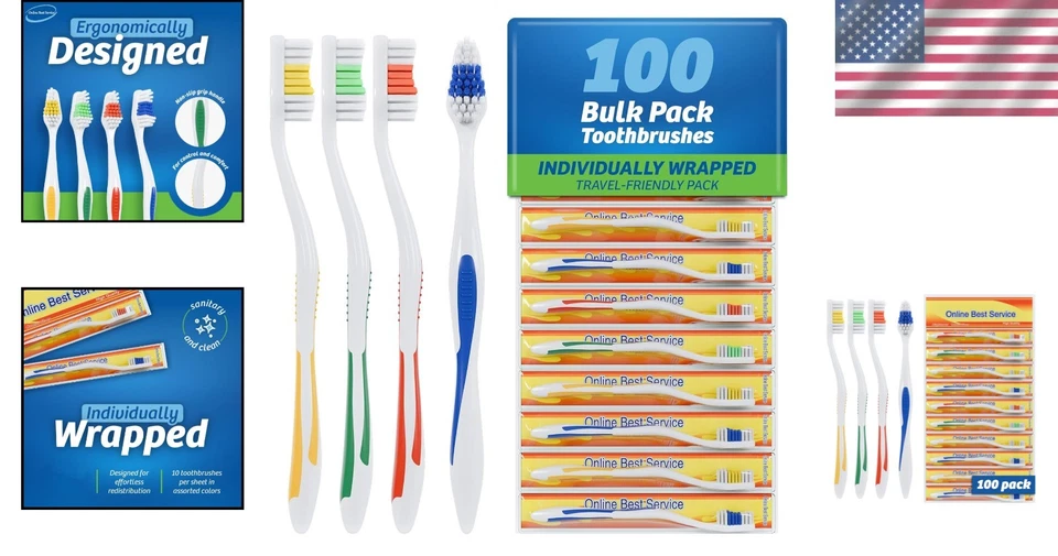 100 Pack Individually Wrapped Medium Soft Toothbrushes - Ideal for Travel - Image 2 of 4