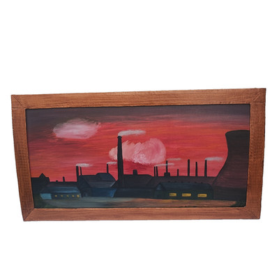 Vintage Naive Malerei Ironbridge Towers ? Kitsch Papprahmen 36 cm x 66 cm