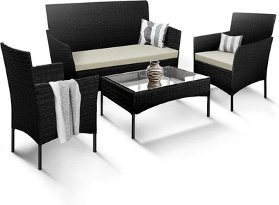 Garden Rattan Furniture 4 Piece Set Table Chairs Sofa Wicker Outdoor Patio Black - Image 1 of 4