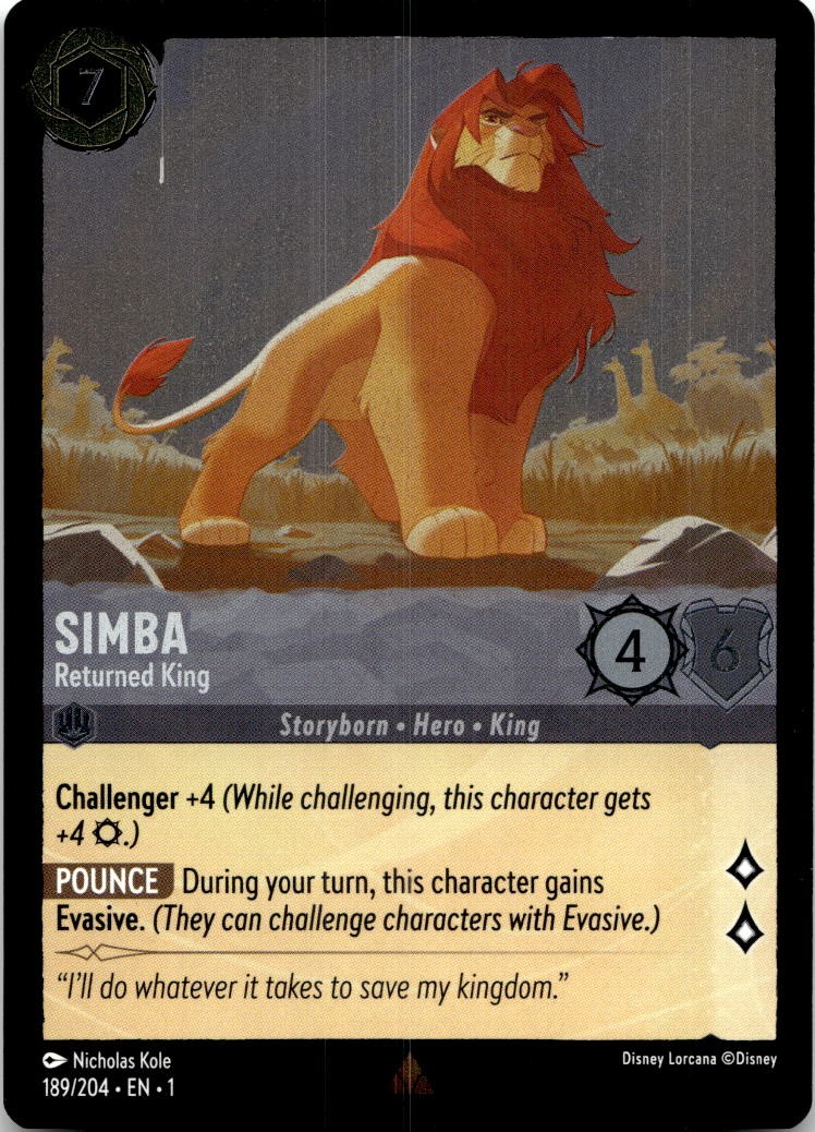 Simba - Returned King 189/204 Rare The First Chapter Lorcana Cold Foil Near Mint
