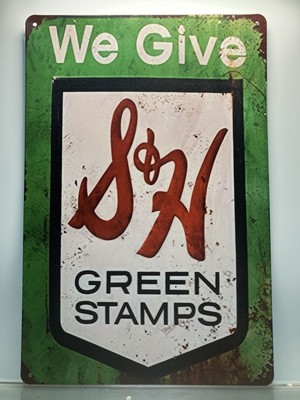 VINTAGE REPRODUCTION- TIN METAL SIGN- TRADING STAMPS- S & H GREEN STAMPS SIGN