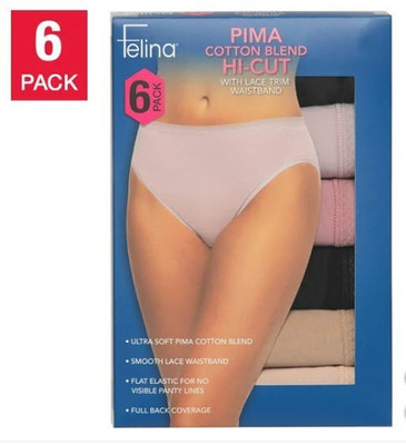 Felina Pima Cotton Blend Hi-cut with Lace Trim Waistband 6 Pack