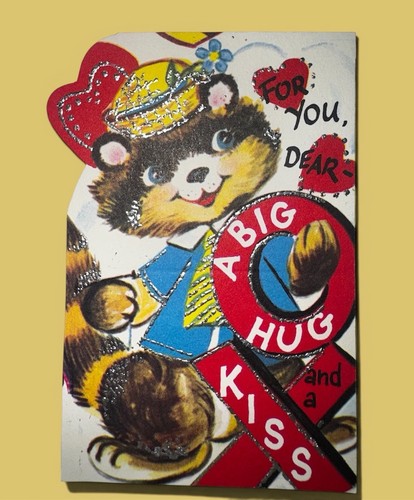 Vintage Valentine Card Glitter Raccoon “A Big Hug Kiss” Cute Animal Unused
