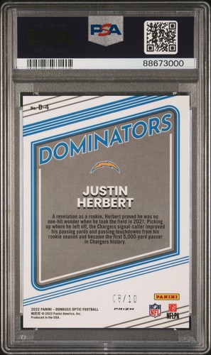 2022 DONRUSS OPTIC JUSTIN HERBERT GOLD /10 DOMINATORS #D-4 (SSP-PSA 10-POP 3) - Picture 2 of 3