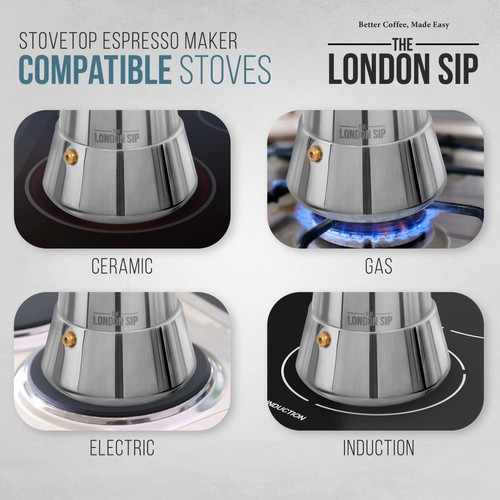 London Sip Piano Cottura Acciaio Inox Macchina Espresso Moka Caffettiera Caffè Italiano Pe... - Foto 5 di 6