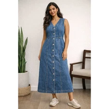 Universal Thread Dress Womens 10 Blue Denim Button Front Sleeveless Long Maxi