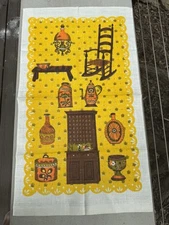 Vintage Linen Tea Towel Yellow Orange Brown Retro 1970 Colonial Kitchen Poland