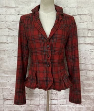 Patrizia Pepe Womens Blazer Jacket Red Tartan Plaid Wool Blend Wire Edge IT 44