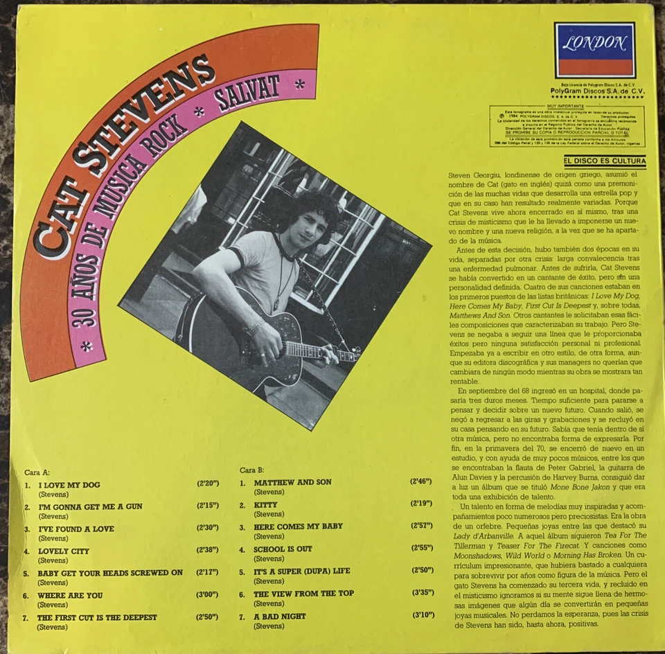 CAT STEVENS 30 AÑOS DE MUSICA ROCK SALVAT 1984 MEXICAN LP FOLK ROCK - Image 2 of 4