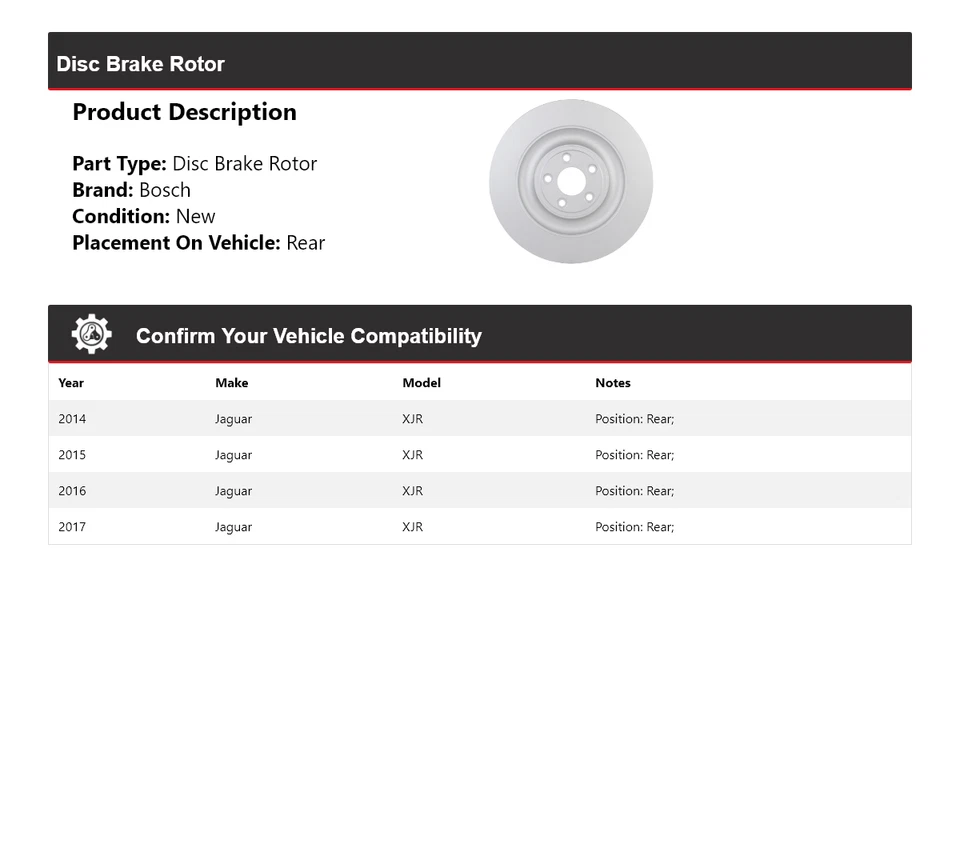 Para 2014-2017 Jaguar XJR Bosch QuietCast rotor de freio a disco traseiro 2015 2016 - Imagem 2 de 4